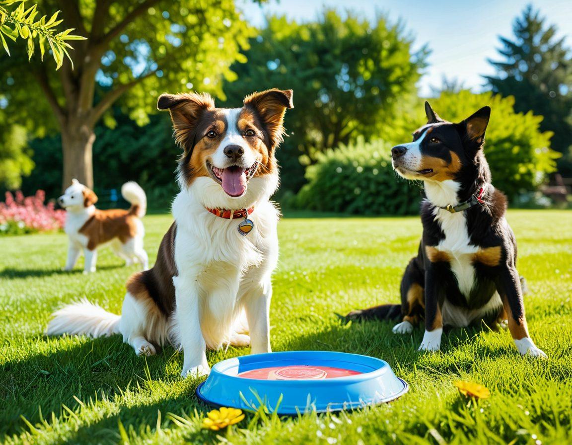 A warm and inviting scene of a diverse group of happy pets, including dogs and cats, playing in a sunny park filled with colorful flowers and green grass. Show a loving pet owner engaging with their pets, emphasizing the bond of companionship and well-being. Include playful elements like a frisbee and a water bowl in the background, evoking joy and care. soft focus. vibrant colors. cheerful atmosphere.