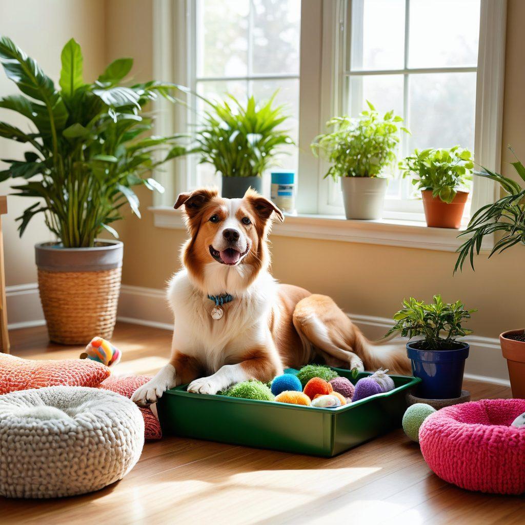 A cozy living room filled with pet-friendly supplies like plush pet beds, toys scattered around, and colorful food bowls. A happy dog playing with a cat, surrounded by potted plants that are safe for pets. Sunlight streaming through a window, creating a warm and inviting atmosphere. Emphasize safety and fun activities for pets, with a few health essentials like a first aid kit in a corner. super-realistic. vibrant colors. warm lighting.