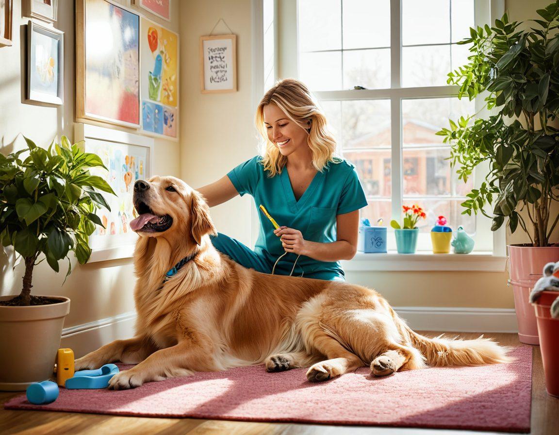 A warm and inviting pet grooming scene featuring a happy golden retriever being brushed by a smiling owner. In the background, a playful kitten is learning to sit from a trainer, surrounded by colorful pet toys and adoption posters. Soft sunlight illuminates the space, adding a cozy atmosphere. Include elements of nature, like potted plants, to reflect a healthy pet lifestyle. super-realistic. vibrant colors.